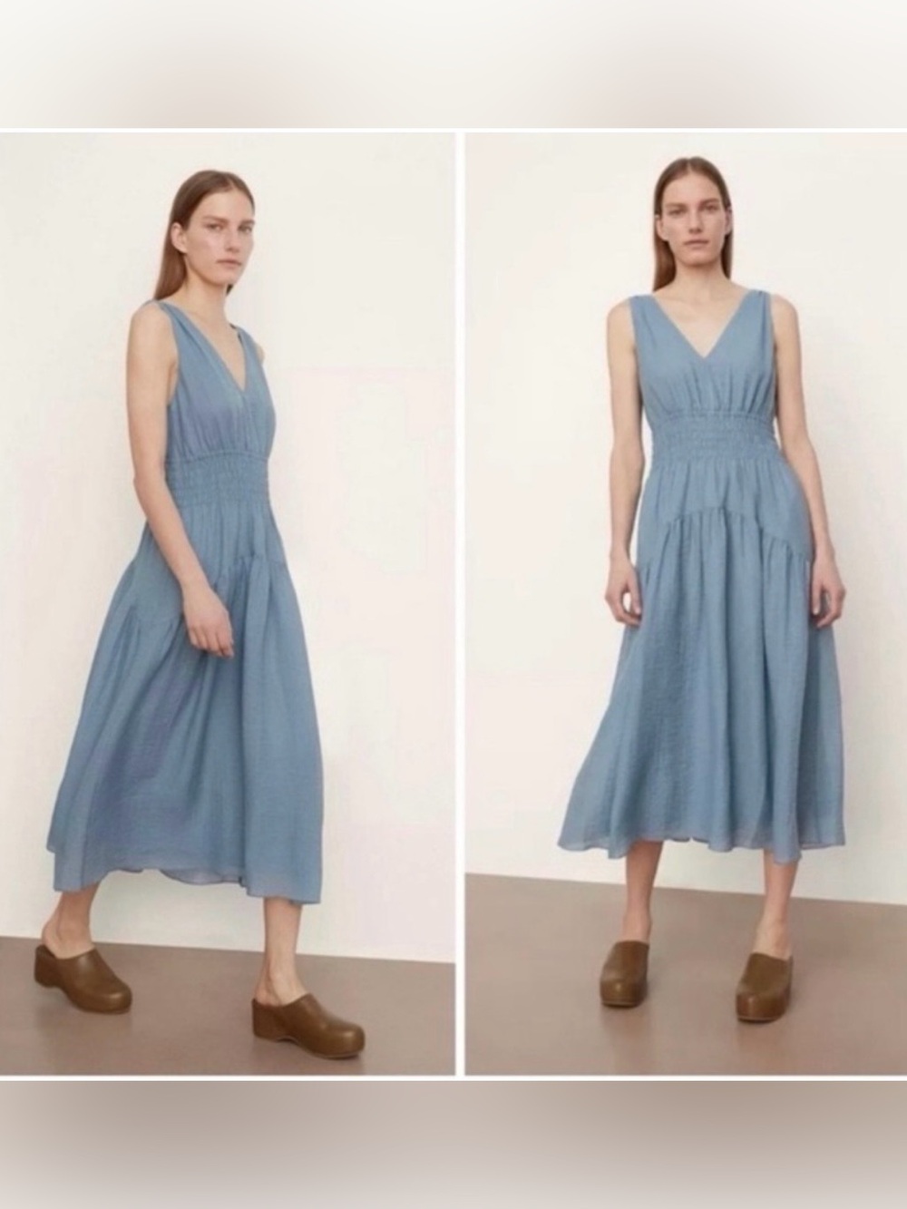 Vince Dusty Blue V-Neck Smocked Midi Dress